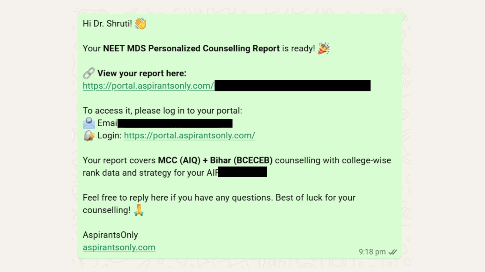 AspirantsOnly NEET MDS personalized report delivered via portal and WhatsApp